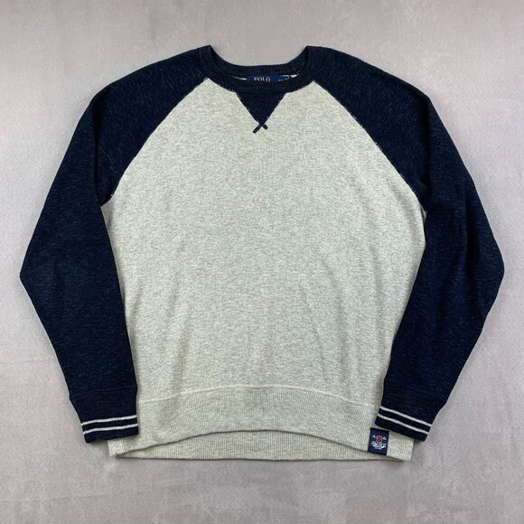 Ralph Lauren Polo Mens Sweater Medium Gray Blue Colorblock Crewneck Long Sleeve - Picture 1 of 8